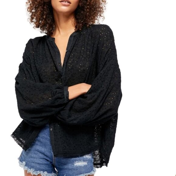 Black Free People Button Down Eyelet Balloon Sleeve Boho Blouse Top (NWT) - Picture 1 of 5